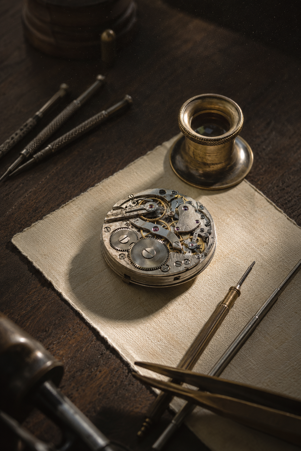 Fine mechanical watch movement and traditional watchmaker tools