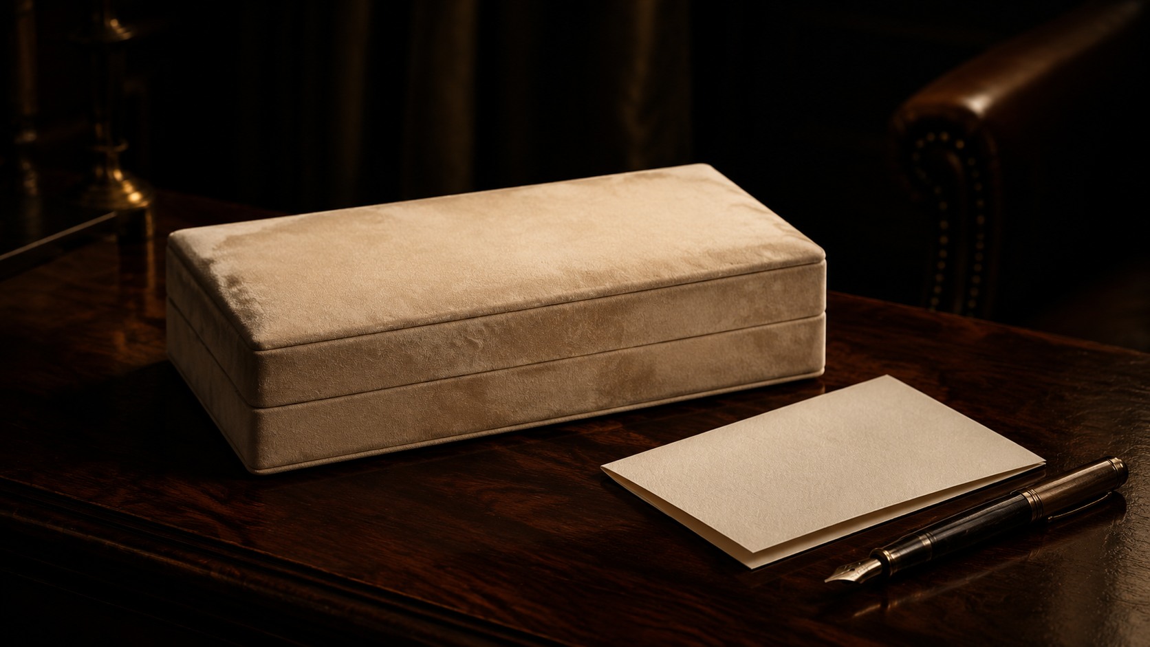 Cream suede presentation case on a mahogany desk